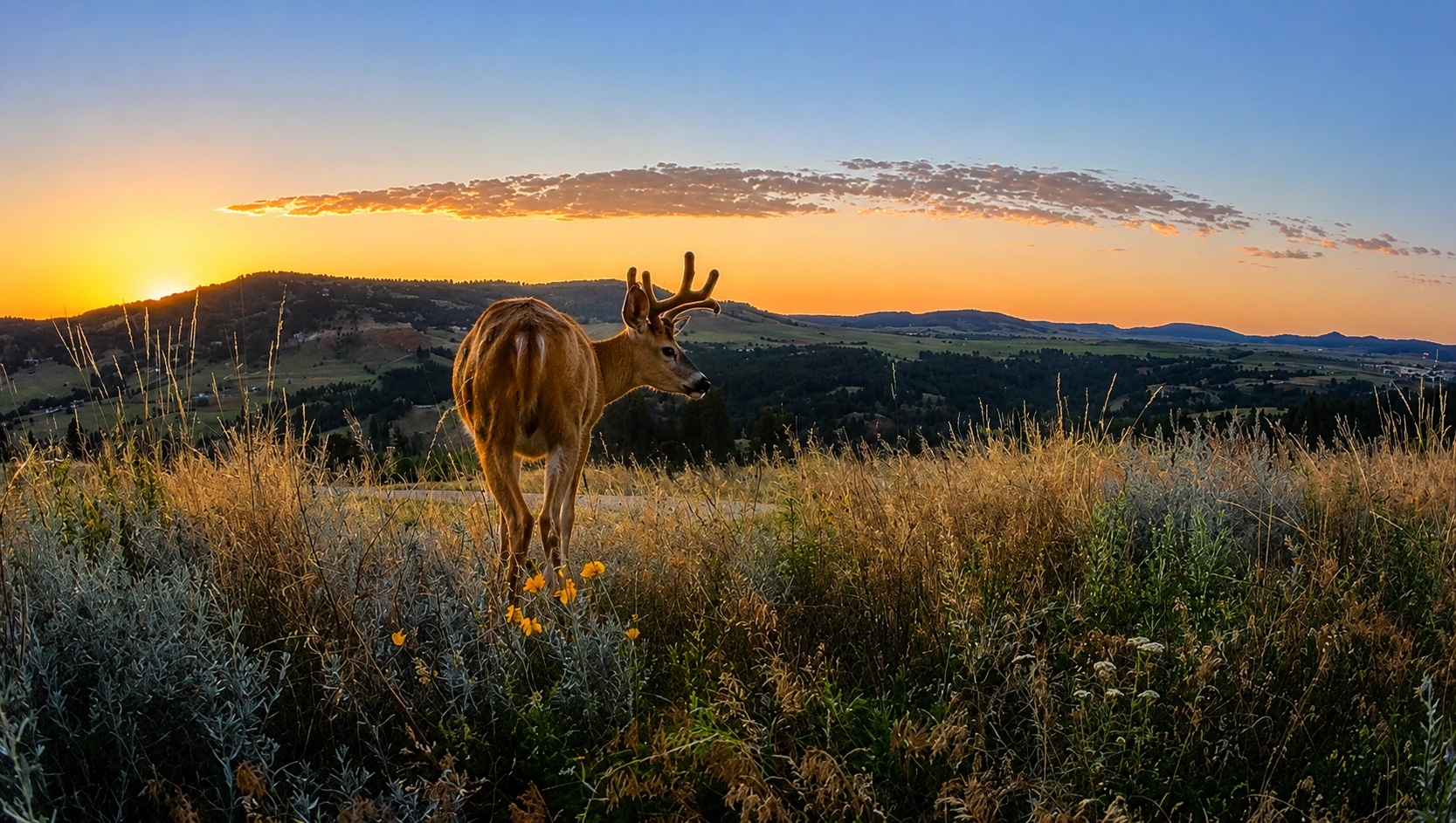 A whitetail buck stands in tall grass overlooking the valley near 2111 Vantage Circle as the sun rises behind the hills.