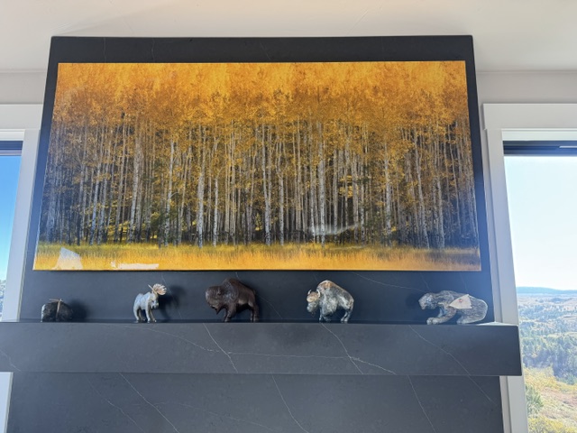 Aspen Vista, signed metal print by Albert De l'amour, above the great-room fireplace