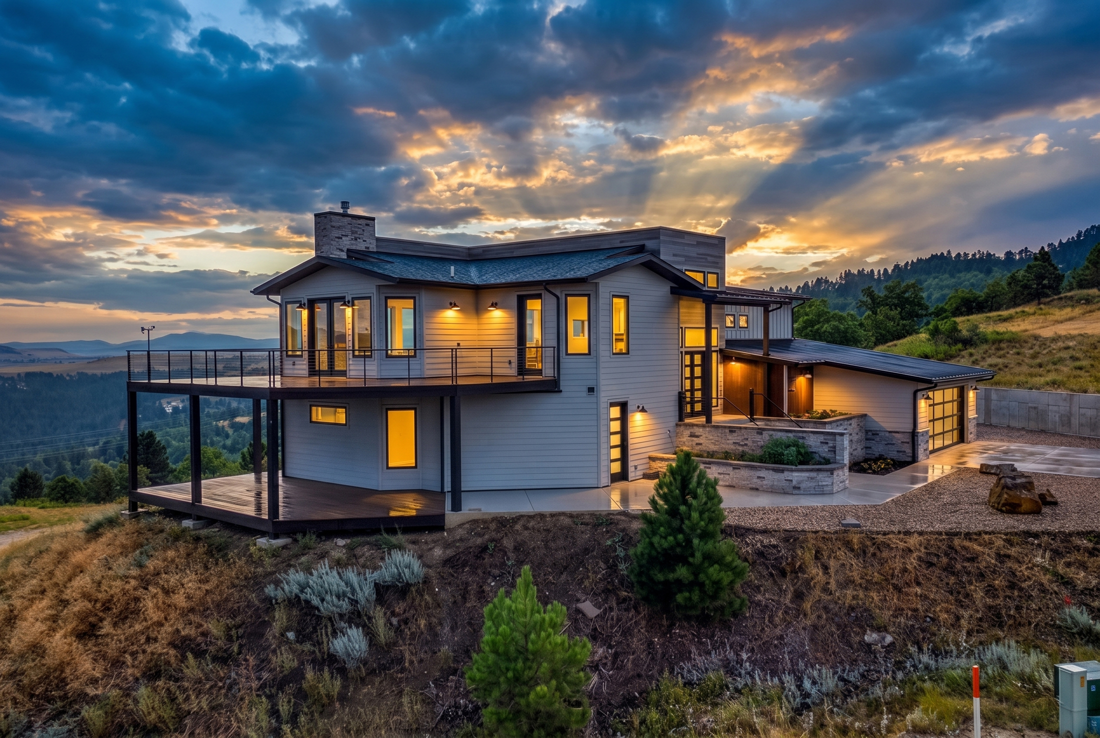 The rear elevation shows a wraparound deck cantilevered above the hillside